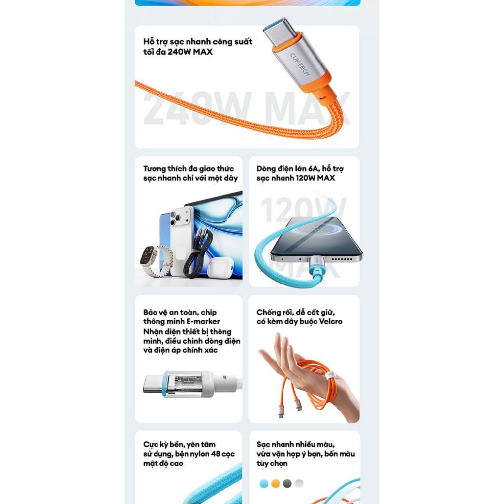 Cáp Sạc Nhanh CUKTECH CTC615W C-C 1.5m | Công Suất Sạc Max 240W (6A) | Truyền Dữ Liệu 480 Mbps | Bảo Hành 18 Tháng | BigBuy360 - bigbuy360.vn