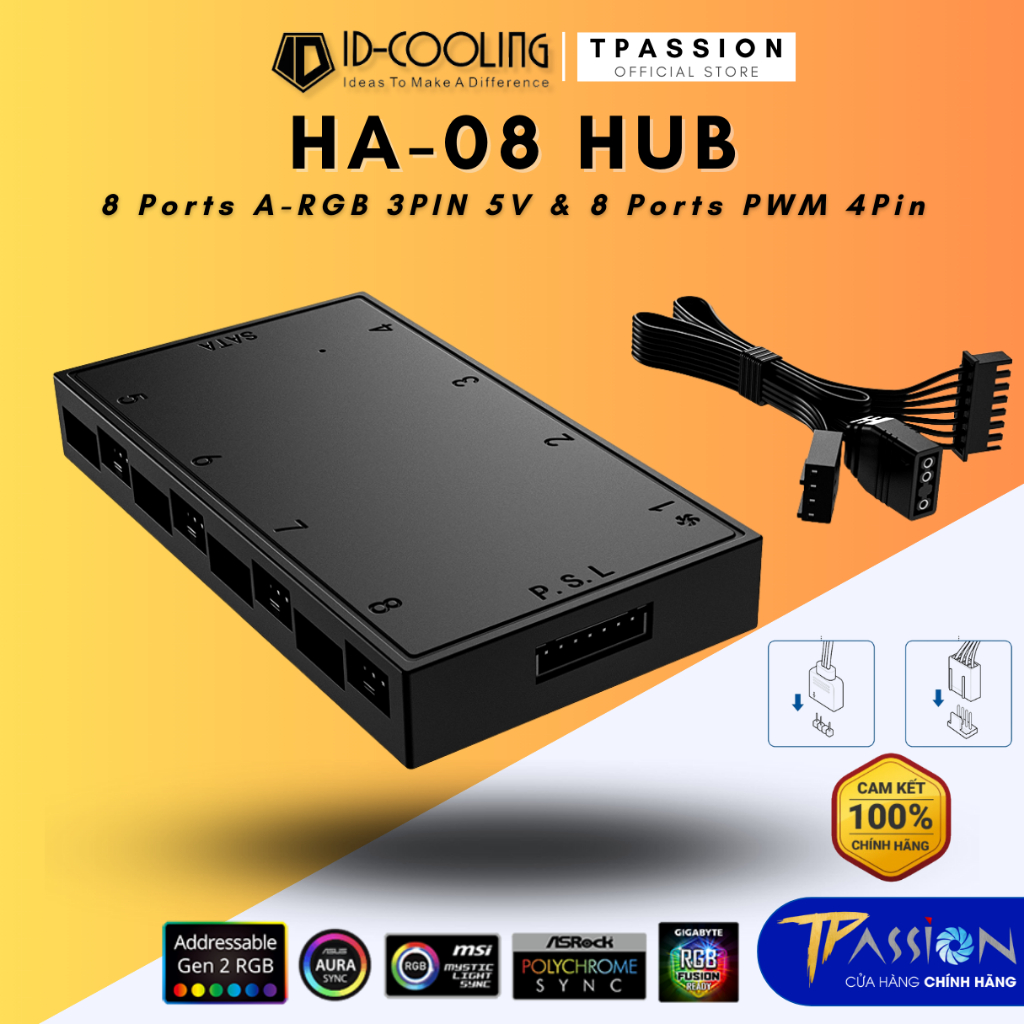 Hub chia quạt Fan case LED ARGB ID-Cooling HA - 08 - 8 cổng 4 pin PWM và 8 cổng Led 3 pin 5V ARGB