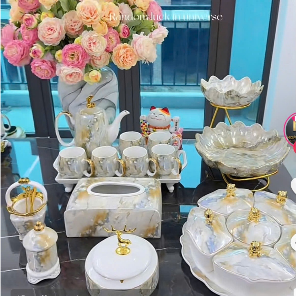 Combo bộ 2 Hũ sứ kèm khay sứ vân đá - xanh - trắng Decor cao cấp 2024 | Thố sứ có nắp đậy kèm khay v
