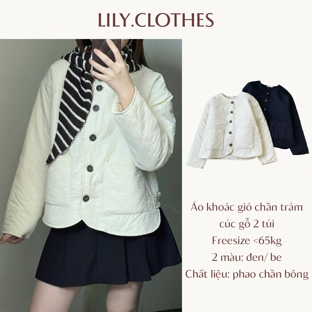 Lily.clothes- Áo khoác gió cổ tròn chần trám cúc gỗ dày dặn có túi (AK12)