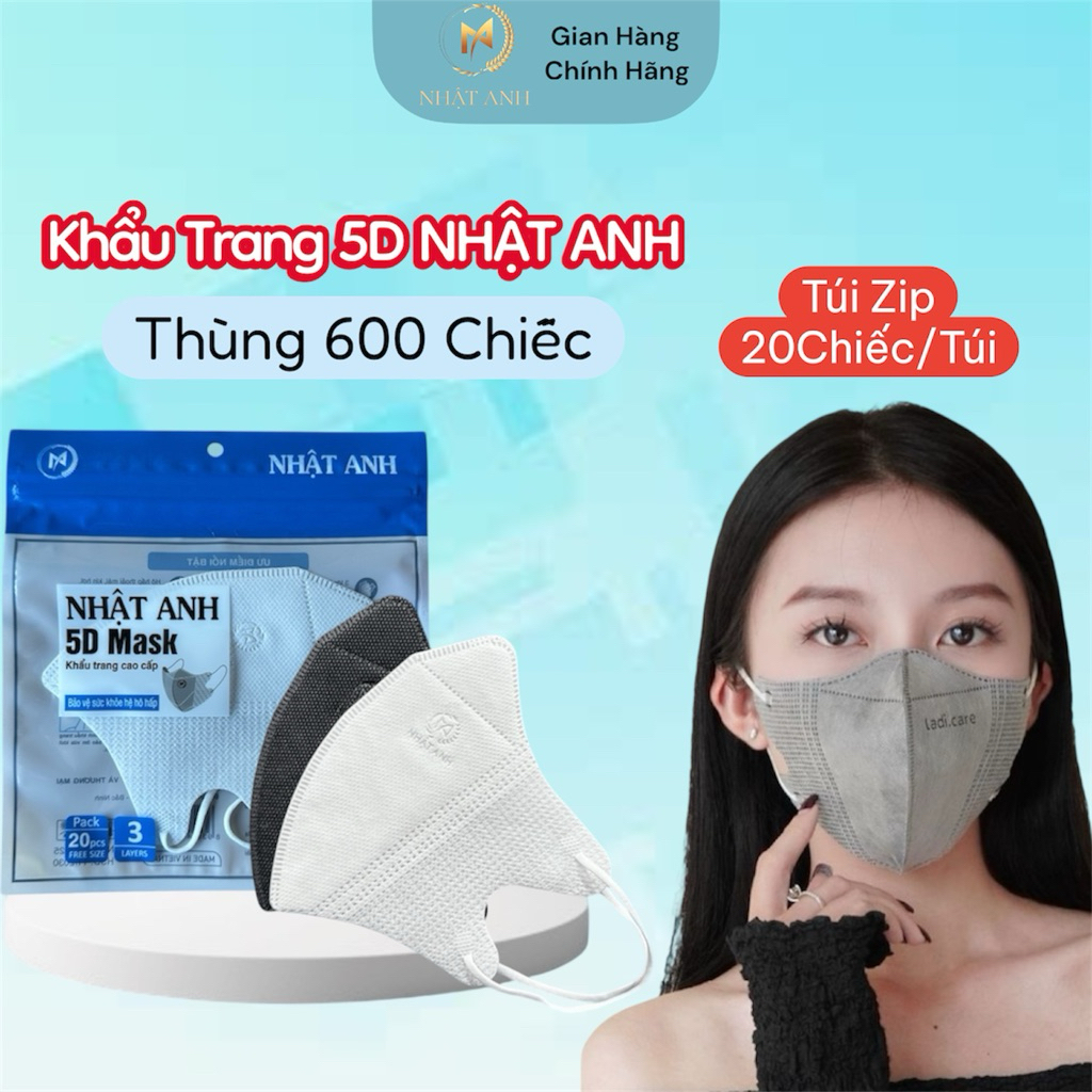 Thùng 600 Chiếc Khẩu Trang 5D Nhật Anh 3 Lớp Kháng Khuẩn Ngăn Bụi Mịn Tia UV 95%[ Túi Zip 20 Chiếc /