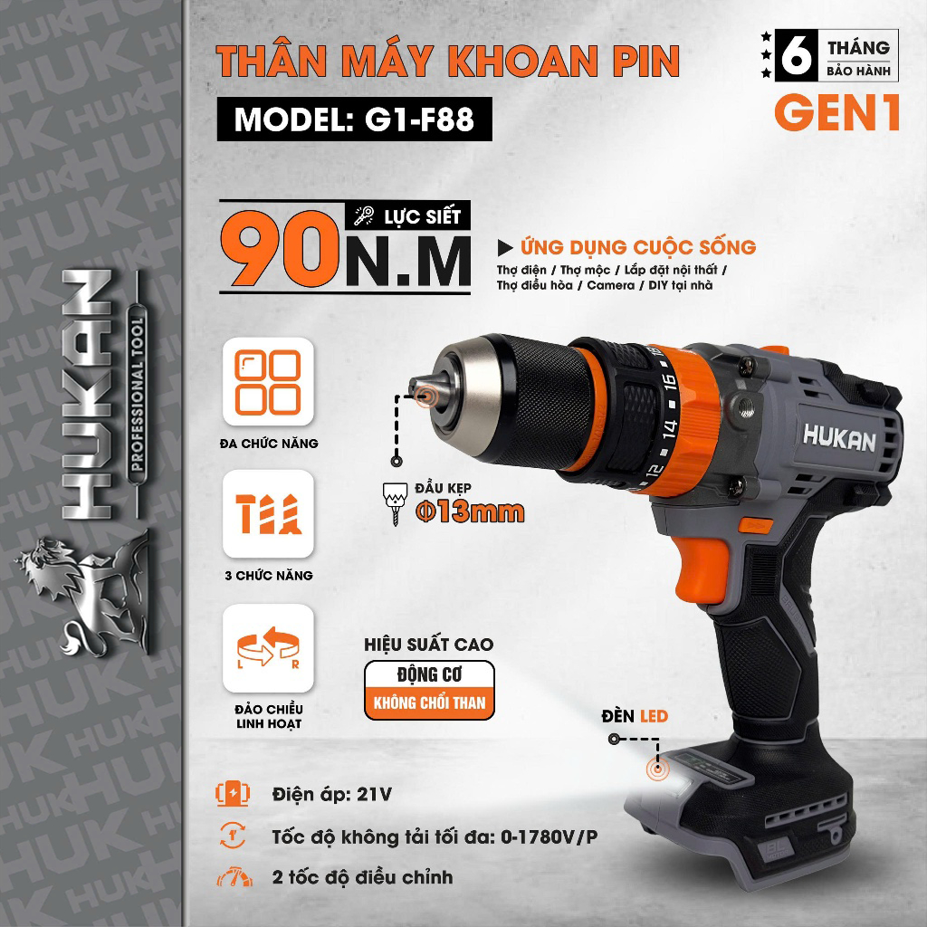 Thân máy khoan pin HUKAN G1-F88, Không chổi than, 3 Chức năng, 90Nm, 13mm, 20 Cấp trượt