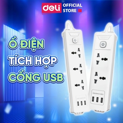 Ổ Cắm Điện DELI Tích Hợp Cổng Sạc USB Thiết Kế Một Nút Nguồn An Toàn Chống Cháy Nổ Công Suất 2500W