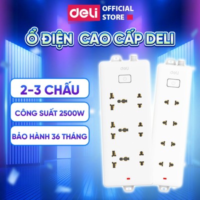 Ổ Cắm Điện Đa Năng DELI Công Suất 2500W Nhiều Lỗ Cắm Công Tắc Báo Nguồn Điện Dây Dài 3/5m
