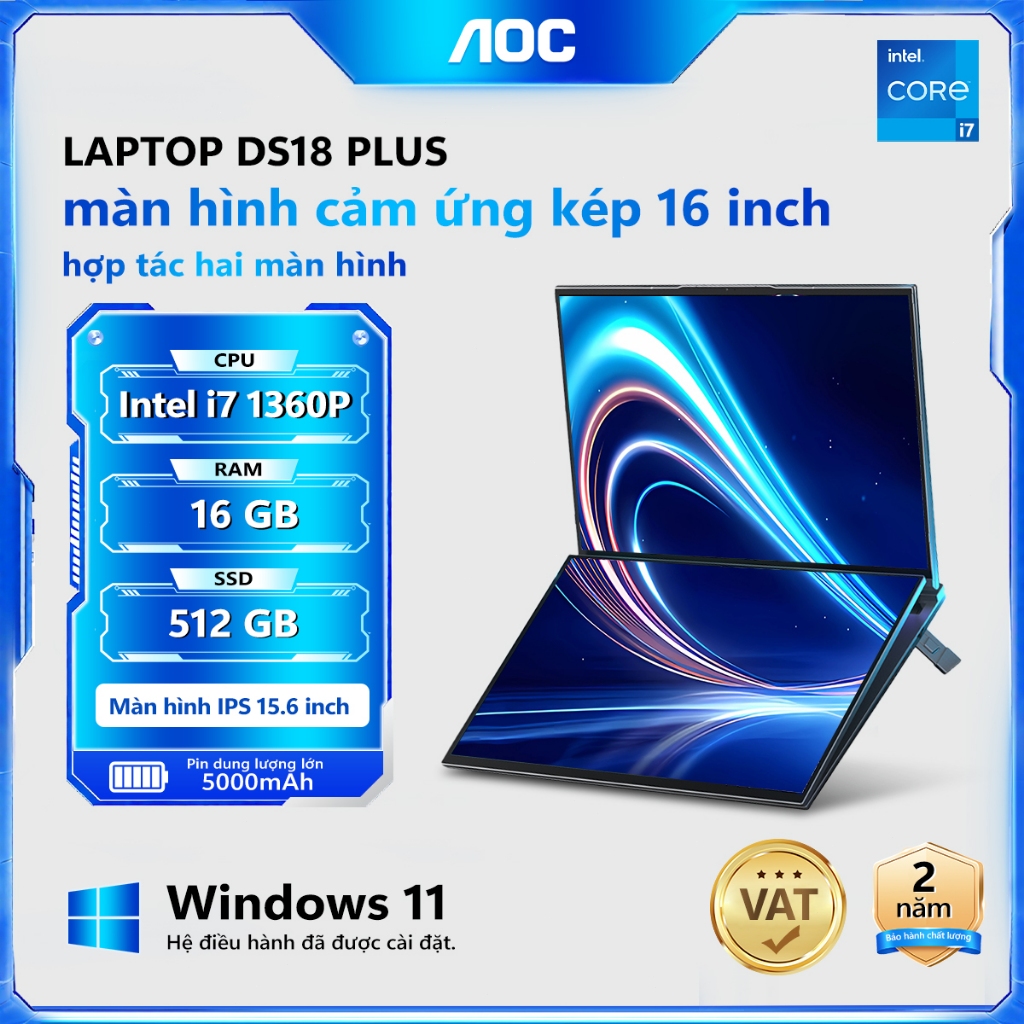Laptop AOC 16 inch 2 màn hình cảm ứng DS16-PLUS, Intel Core i7-1360P, RAM DDR4, Win 11 Máy mới 100%,