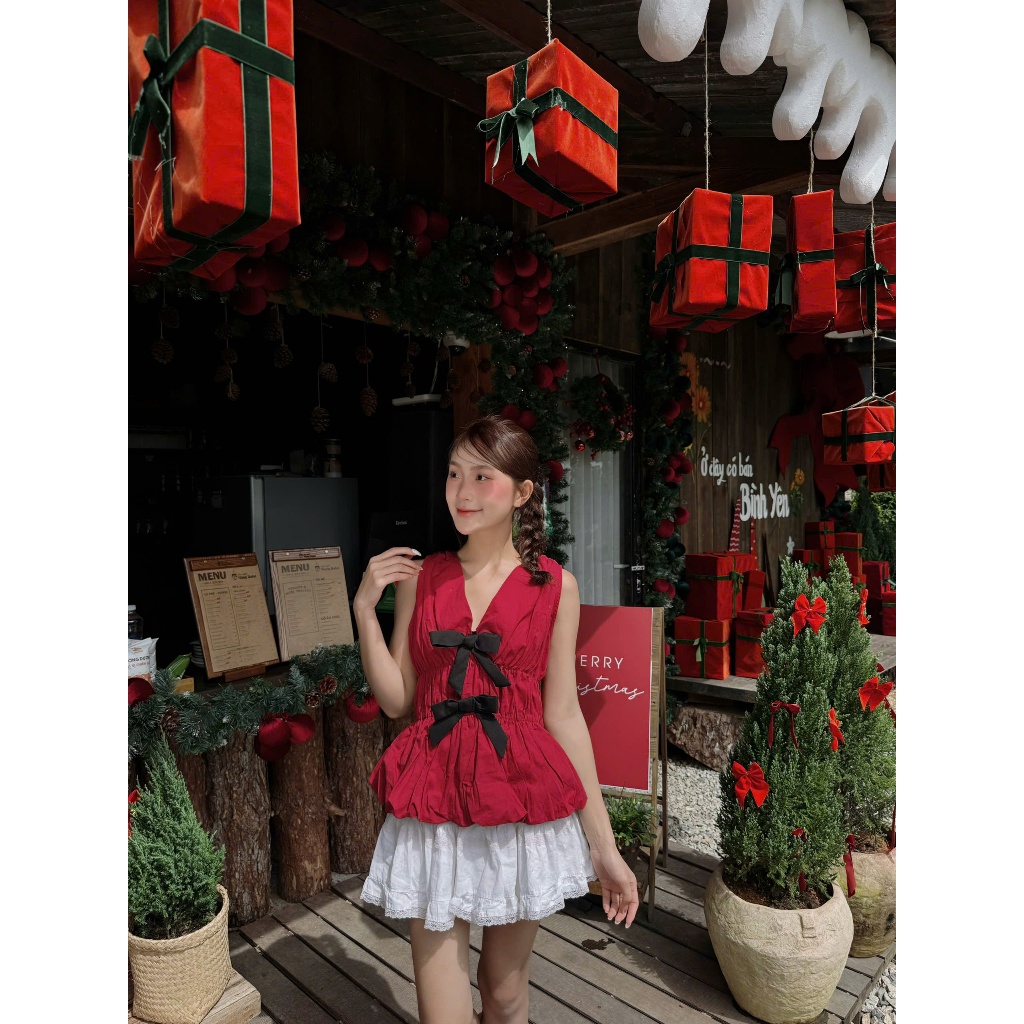 HATHA STORE : Áo peplum bí cổ V đính nơ chun nhúm dễ thương, xinh xắn trẻ trung