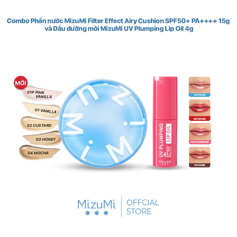 Combo Phấn nước MizuMi Filter Effect Airy Cushion SPF50+ PA++++ 15g và Dầu dưỡng môi MizuMi UV Plump