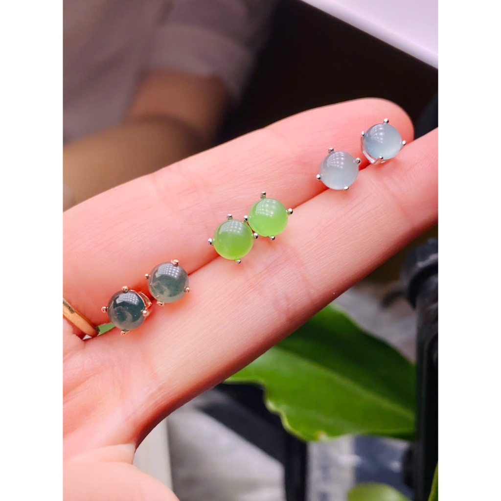 Hoa tai HT50 khung bạc mặt ngọc tự nhiên 6 mm