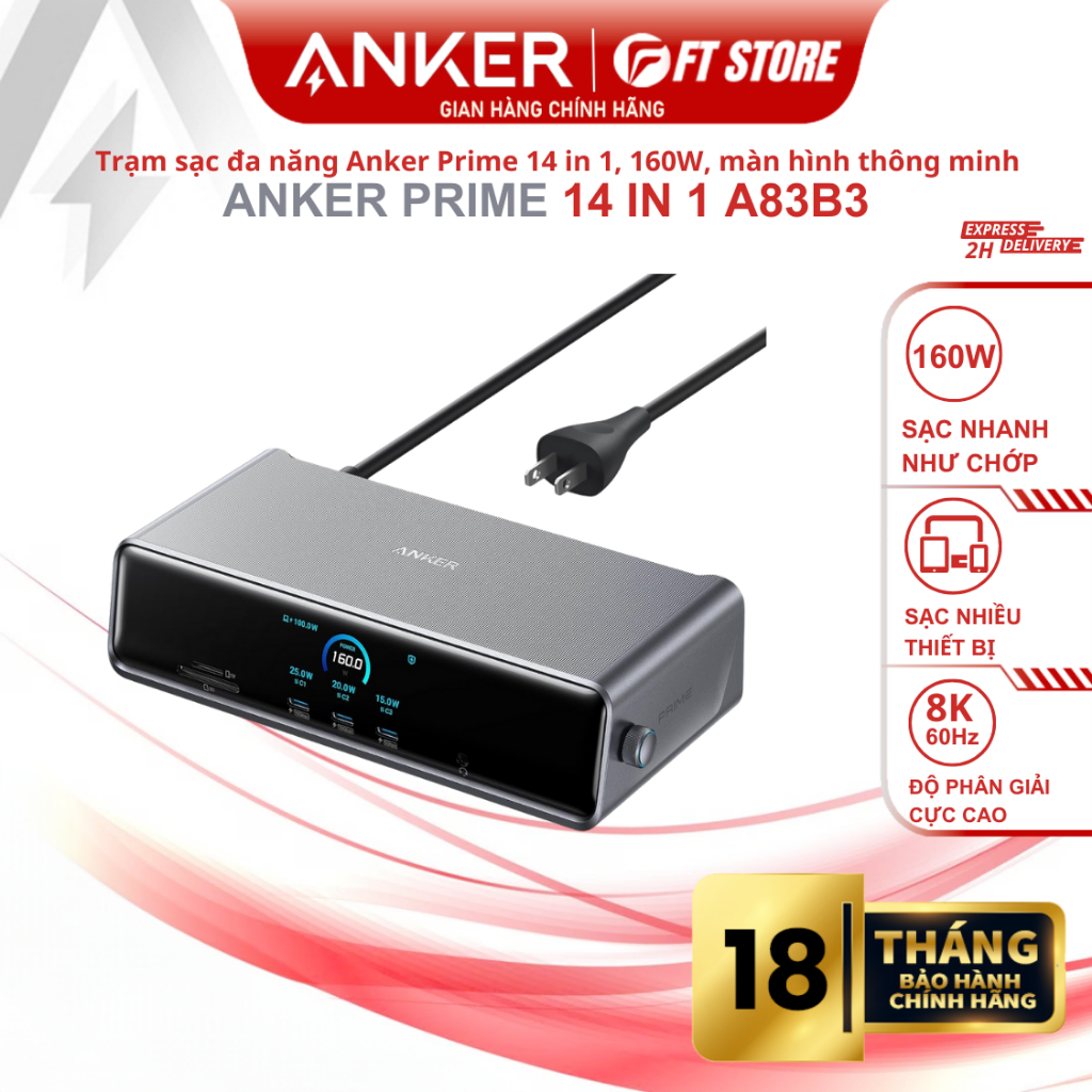 Trạm sạc nhanh đa năng Anker Prime 14 in 1 160W A83B3 – Hỗ trợ xuất hình ảnh đến 8k siêu nét