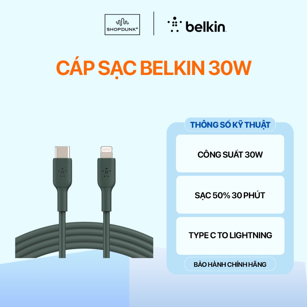 Cáp Sạc Nhanh Belkin 30W Chuyển Type C Sang LN Chính Hãng