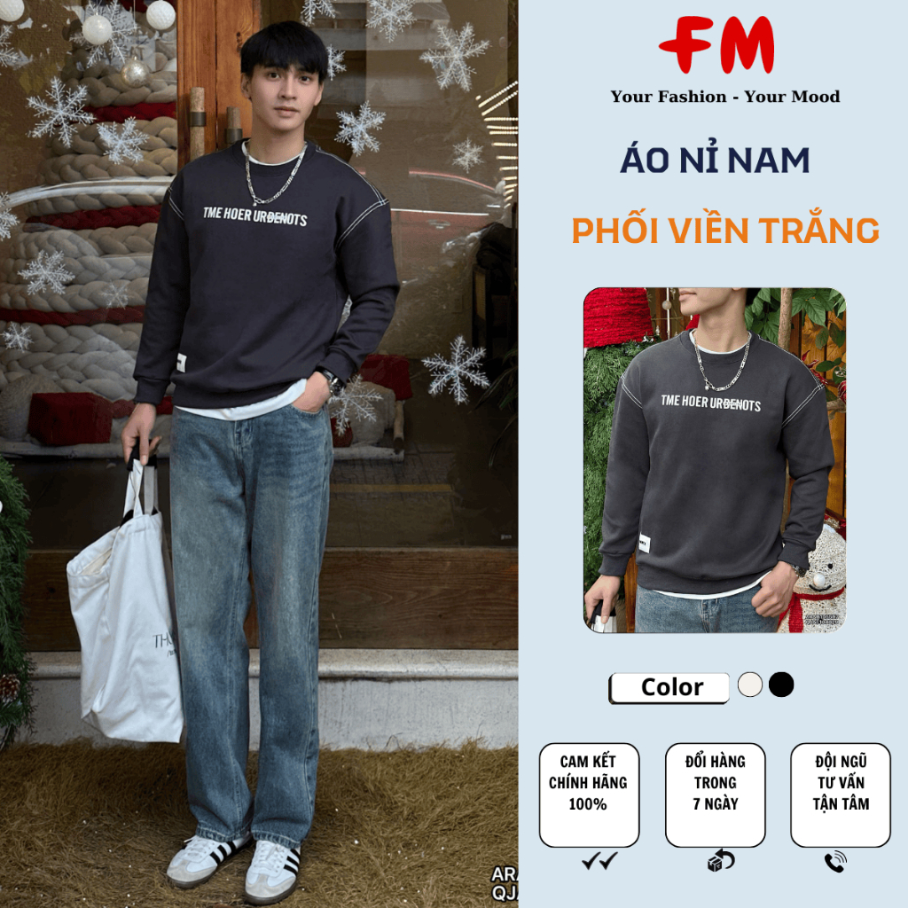 Áo Nỉ Nam FMSTYLE Dài Tay Phối Viền Trắng Form Rộng In Chữ Cá Tính Mặc Thu Đông