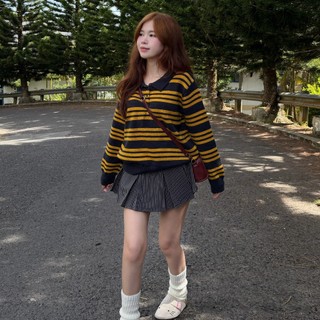   HÀNG QC  Áo sweater len cổ bẻ phối cúc kẻ sọc ngang thu đông HAVANA LEN279 