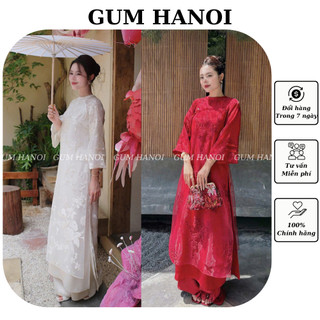  Áo dài cách tân 4 tà thêu hoa Diệc Phi Cổ Tròn Tay Lỡ Đính Ngọc Áo dài Tơ thêu hoa trắng cổ tàu tay loe Gum Hanoi 