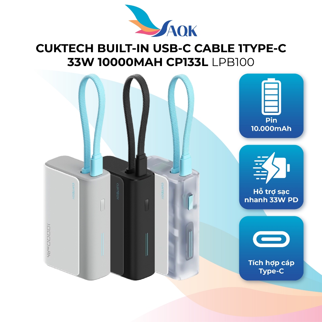 Sạc dự phòng Cuktech Built-in USB-C Cable 1Type-C 33W 10000mAh CP133L LPB100 - Hàng chính hãng