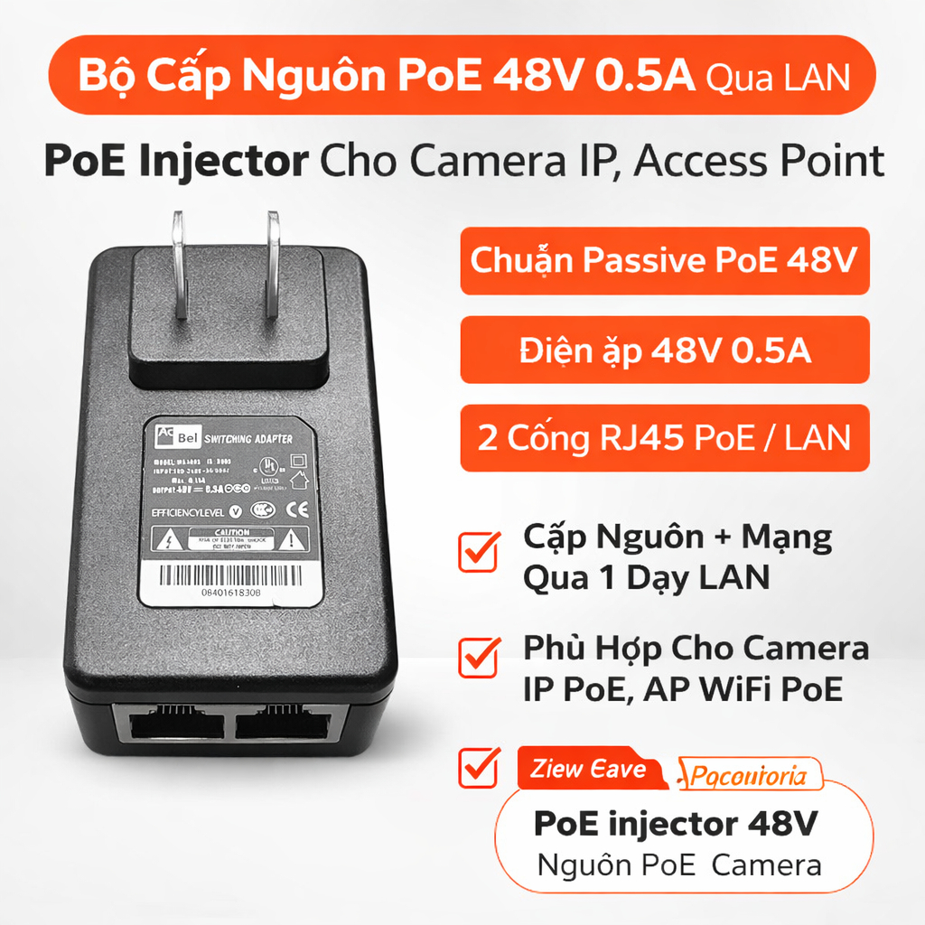 Bộ Cấp Nguồn PoE 48V 0.5A Qua LAN – PoE Injector Cho Camera IP, Access Point