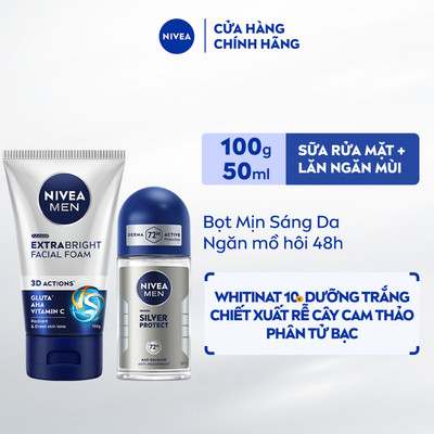 Bộ Đôi Sữa Rửa Mặt NIVEA MEN Sáng Da (100 g) & Lăn Ngăn Mùi NIVEA MEN Phân Tử Bạc (50 ml) - 88836+83778