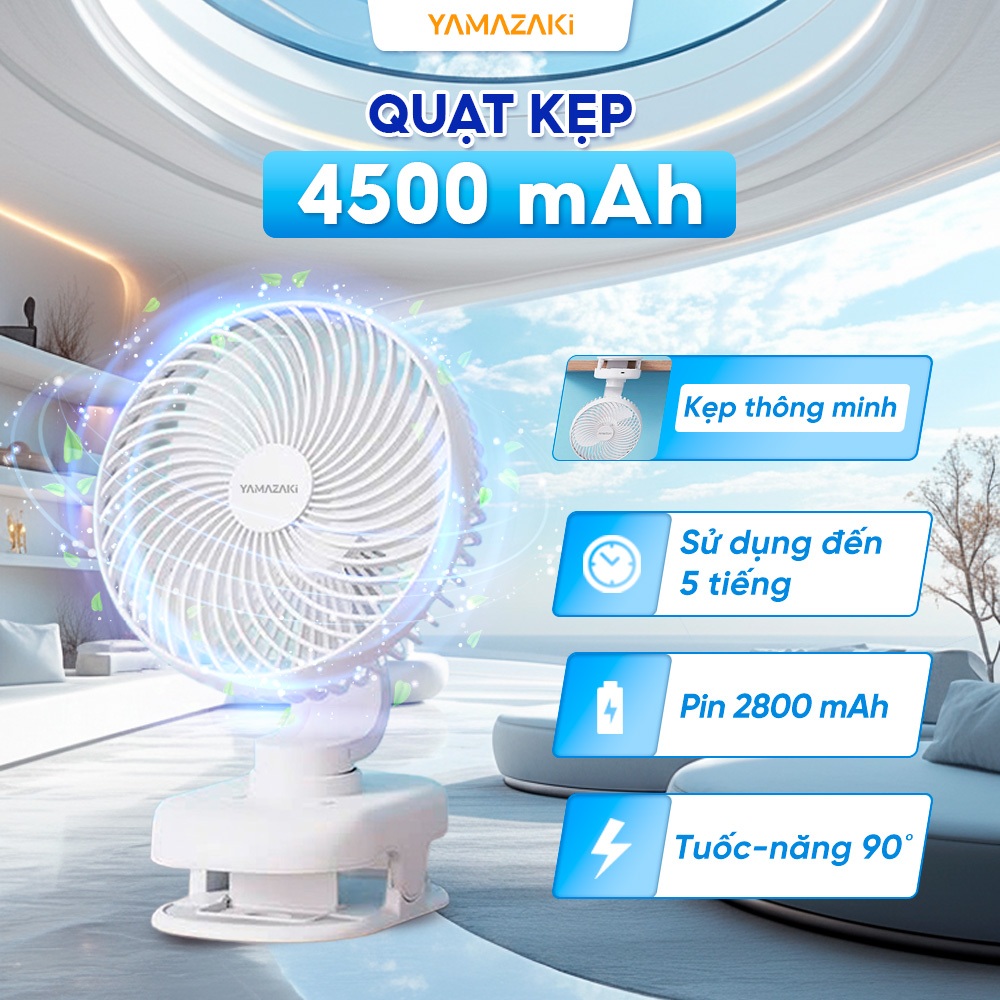Quạt Tích Điện Mini Loại Kẹp YAMAZAKI Pin Sử Dụng 8-12 Tiếng Xoay 360 Độ, Pin 4500 MAH Chạy Êm Ái | BigBuy360 - bigbuy360.vn