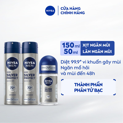 Bộ 3 Xịt Ngăn Mùi NIVEA MEN Silver Protect Phân Tử Bạc 150ml và Lăn Ngăn Mùi NIVEA MEN Phân Tử Bạc 50ml - 82959x2+83778