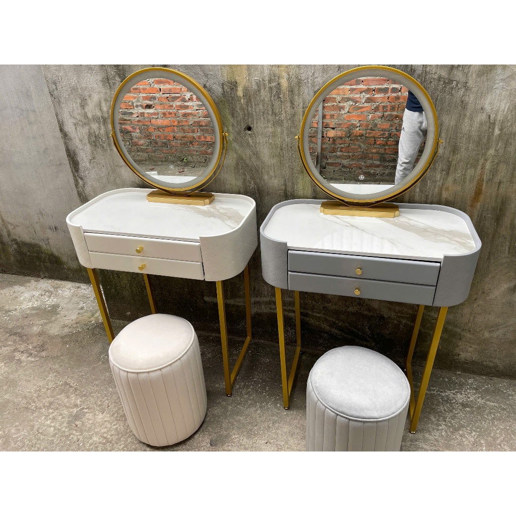 [Thanh lý] Bàn trang điểm chân cao 50cm, 60cm, 70cm - Trọn bộ gồm Bàn, ghế đôn tròn, gương đèn led 3