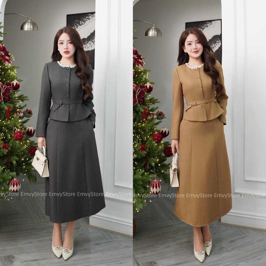 Set váy công sở thanh lịch 2 lớp chất dạ chéo có đệm cầu vai Emvy Fashion S194