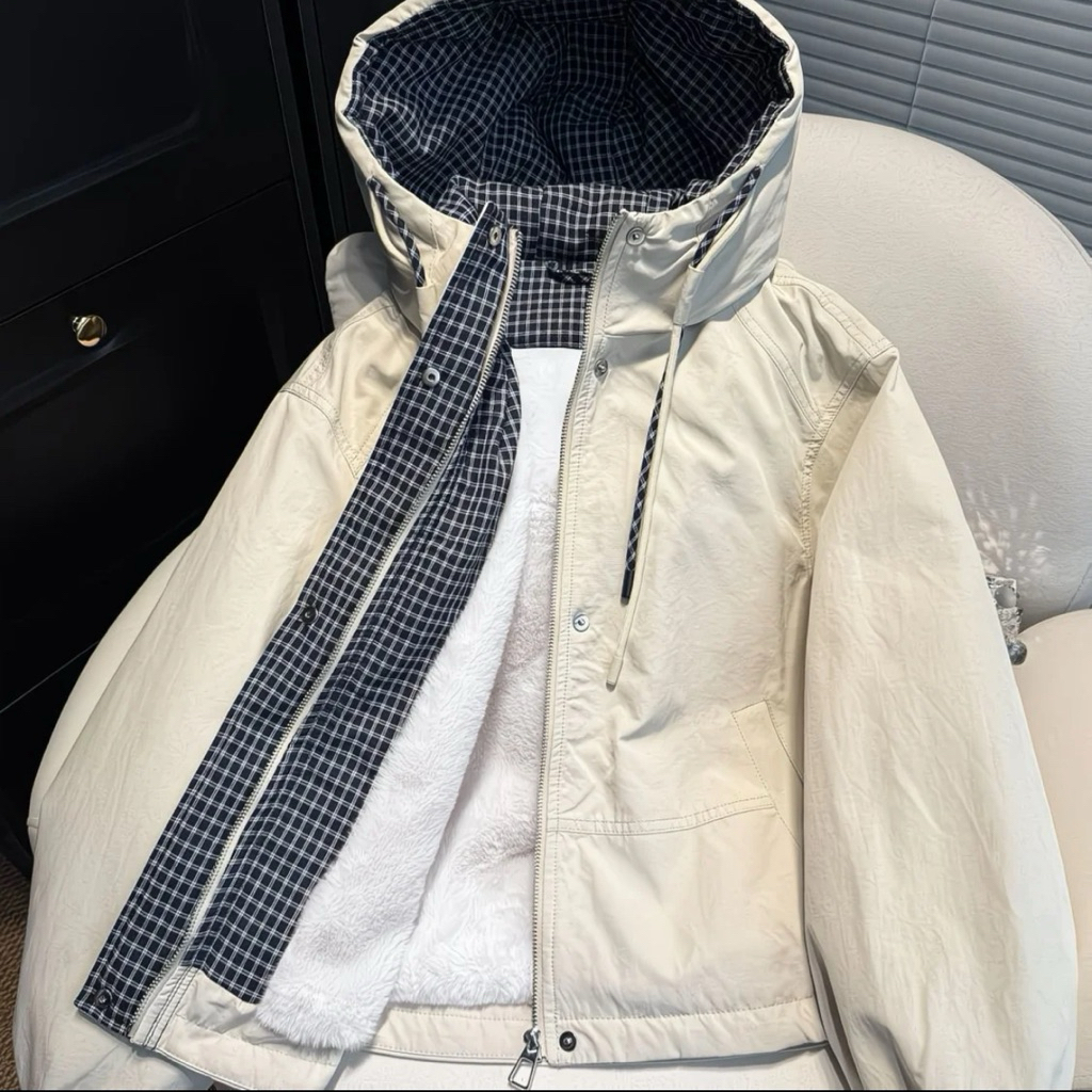 Áo Khoác Lót Lông Phối Mũ Ấm Áp