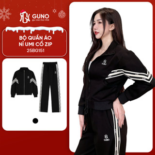  Bộ Quần Áo Nỉ Thu Đông Nữ GUNO Umi Hàn Cao Cấp Cổ Bẻ Kéo Khóa Kèm Quần Suông Phối Sọc Chữ 25BG151 
