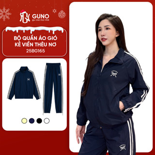  Bộ Quần Áo Gió Nữ GUNO Thêu Nơ 2 Lớp Lót Habutai Kéo Khóa Cổ Bẻ Phối Sọc Thời Trang SP5 25BG165 