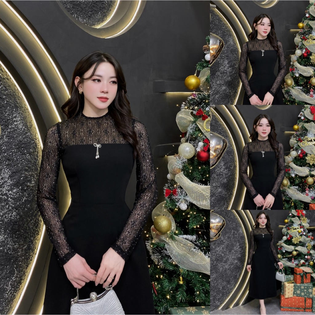 VK26 - Váy Thiết Kế Evii dành cho nữ, Đầm thiết kế phối ren kết hợp đá ép nhiệt (tặng kèm tag cài) d