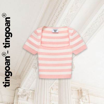 TINGOAN® - Áo len xù crop lửng ngắn tay cổ vuông kẻ trắng hồng BORA BORA TOP/PK
