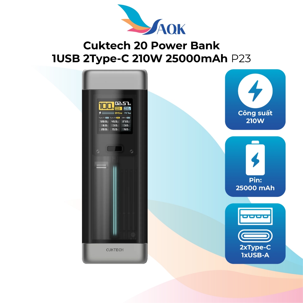 Sạc dự phòng Cuktech 20 Power Bank 1USB 2Type-C 210W 25000mAh P23 - Hàng chính hãng