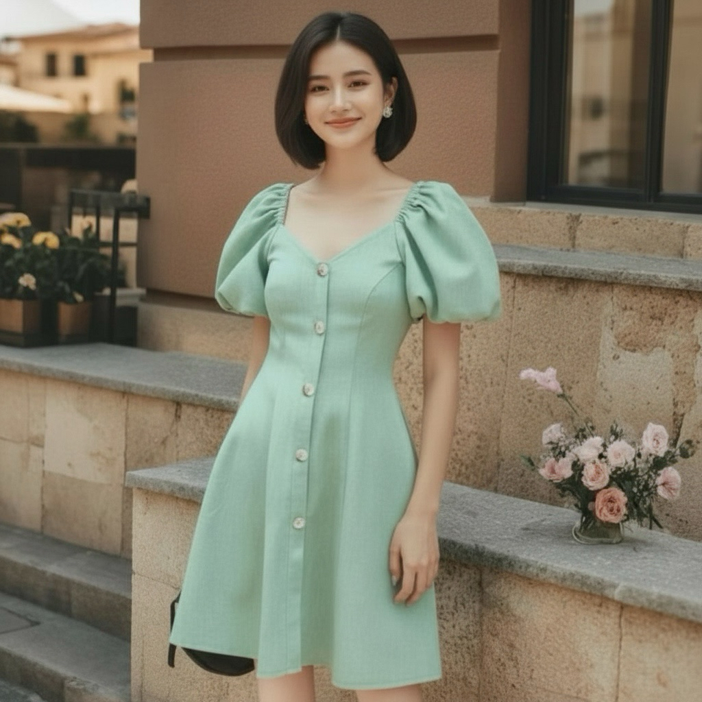 Đầm mint cổ V tay bo, váy thiết kế thanh lịch mặc đi làm đi chơi đều xinh (kèm hình thật)