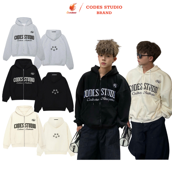 Codes Studio Áo hoodie dây kéo nỉ lót nhung cao cấp họa tết thêu full logo CODESVN chất liệu mềm mại