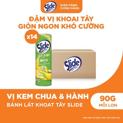 [Video VC 20%] Thùng 14 Lon Bánh Lát Snack Khoai Tây Slide Vị Kem Chua & Hành 90g