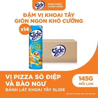 [Video VC 20%] Thùng 14 Lon Bánh Lát Snack Khoai Tây Slide Vị Pizza Sò Điệp Và Bào Ngư 145g