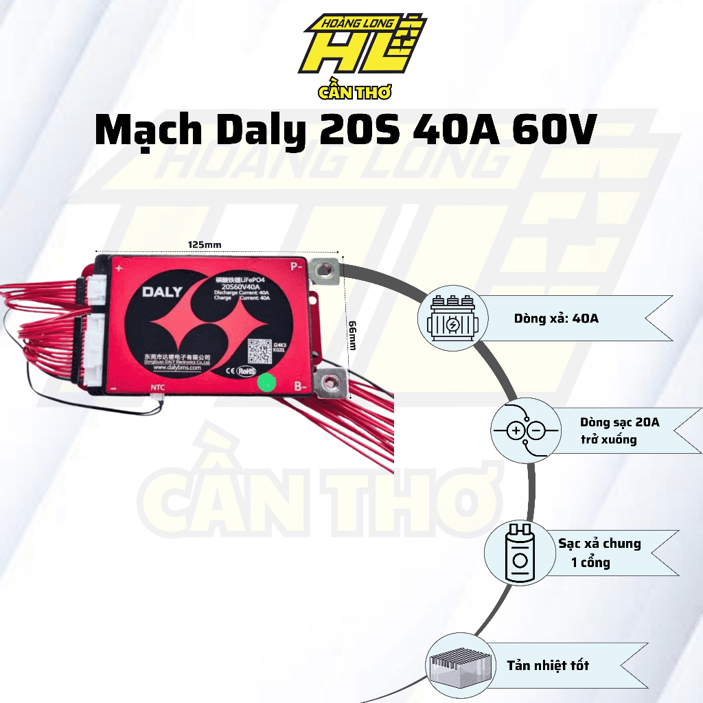 BMS DALY 60V 20S 40A Cho 3.2V - Sạc Xả Chung, Có Cảm Biến Nhiệt NTC