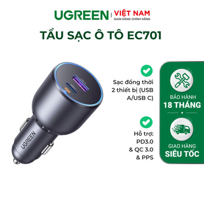 Tẩu sạc xe hơi Ugreen EC701 | 63W | Type-C + USB-A | Vỏ ABS phủ kim loại | BH 18 tháng 1 đối 1 35023