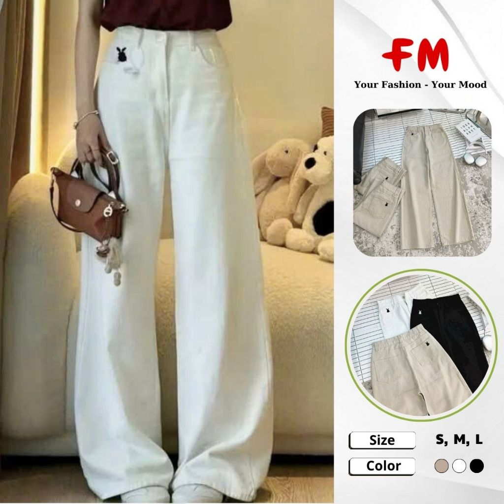Quần Jean Ống Suông Nữ Thêu Thỏ FMSTYLE SHOP - Chất Vải Dày Dặn Form Chuẩn Chỉnh Size SML 25120080