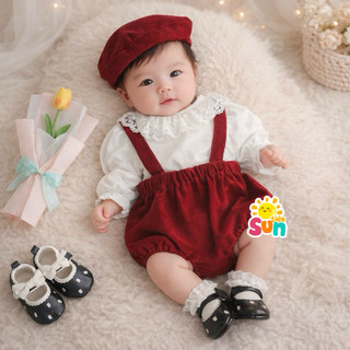  TẶNG MŨ NỒI Set Yếm Nhung Đỏ Dài Tay Cho Bé Gái Sơ Sinh Đầy Tháng Thôi Nôi đến 10kg   Set nhung đỏ áo trắng tay bồng 