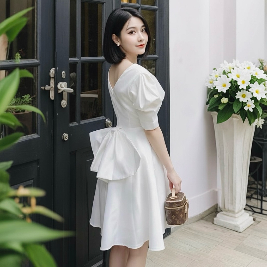 Đầm công chúa trắng cổ vuông nơ sau, váy đi tiệc sang chảnh (kèm hình thật)