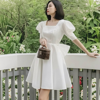 Đầm công chúa trắng cổ vuông nơ sau, váy đi tiệc sang chảnh (kèm hình thật)
