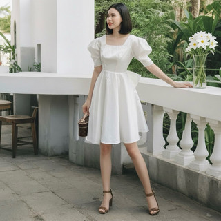 Đầm công chúa trắng cổ vuông nơ sau, váy đi tiệc sang chảnh (kèm hình thật)