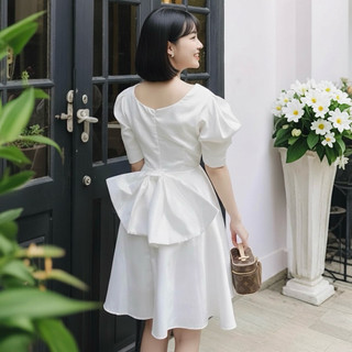 Đầm công chúa trắng cổ vuông nơ sau, váy đi tiệc sang chảnh (kèm hình thật)