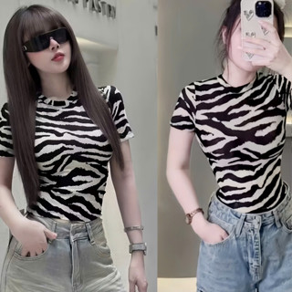  Áo Thun Nữ Sọc Ngựa Vằn Họa Tiết Zebra Ôm Body Chất Ren Lưới Phong cách Y2K 