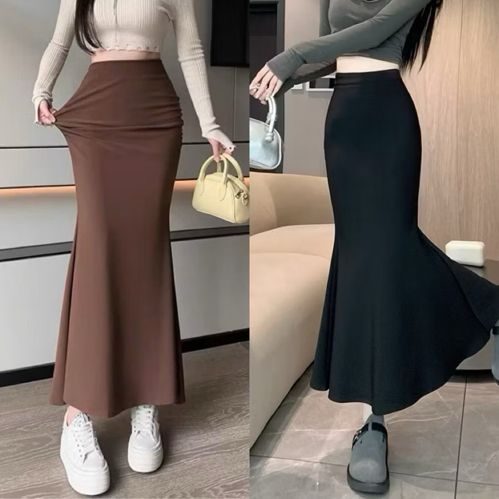 Chân váy midi đuôi cá dáng dài ôm body hai màu đen nâu xinh CV350