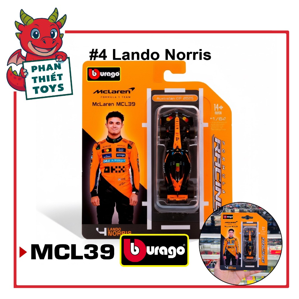 Mô hình xe đua F1 2025 McLaren F1 Team MCL39 Australia GP  tỉ lệ 1:64 Bburago bản card
