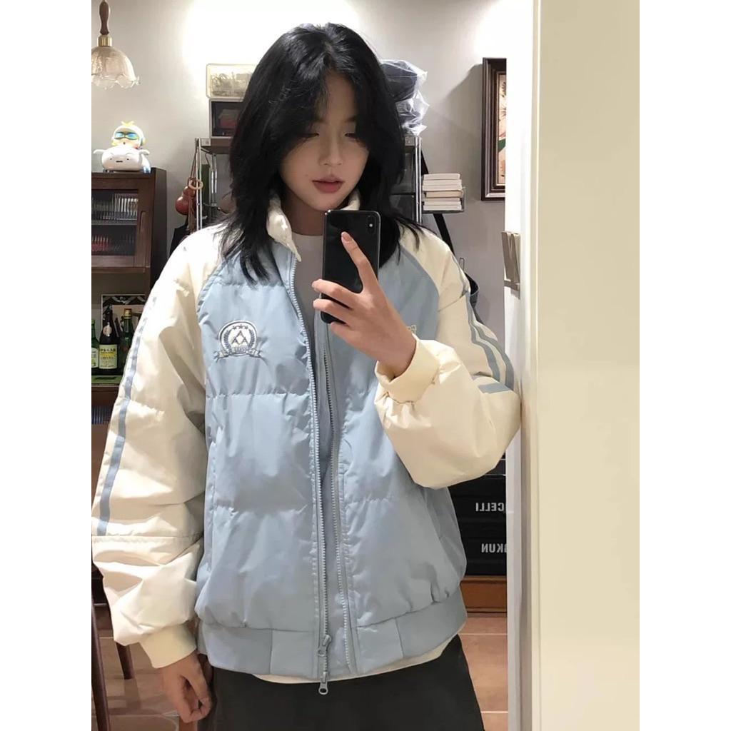 (Sẵn Xám) Áo khoác unisex cổ đứng tay phối kẻ sọc, Áo khoác ulzzang, Áo khoác couple, Áo khoác phao 