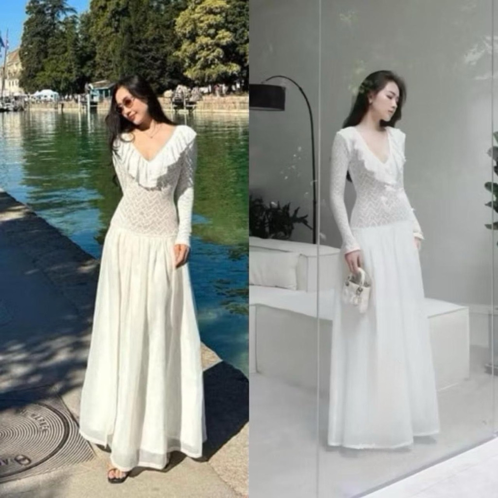 Váy Ren Cổ Bèo Dài Tay Co giãn Dáng Dài Đi Tiệc đi chơi, du lịch. Đầm dự tiệc cổ bèo dài tay tiểu th