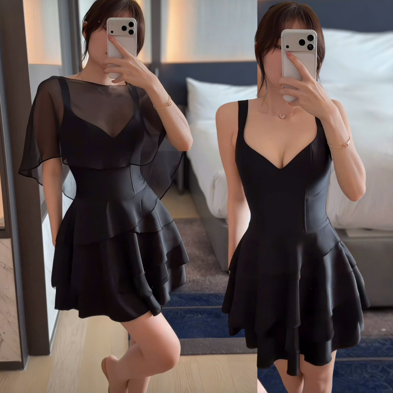 Set đầm đen 2 tầng kèm áo khoác choàng - JAYJAY DRESS