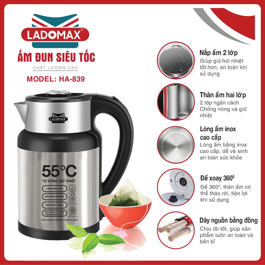 Âm Đun siêu tốc tự động giữ ấm Ladomax HA-839 thân ấm 2 lớp inox giữ nhiệt tự giữ ấm 55 độ C | BigBuy360 - bigbuy360.vn