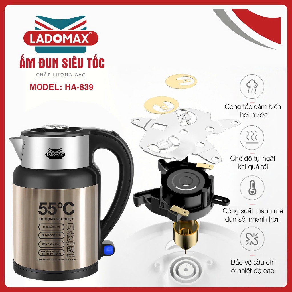 Âm Đun siêu tốc tự động giữ ấm Ladomax HA-839 thân ấm 2 lớp inox giữ nhiệt tự giữ ấm 55 độ C | BigBuy360 - bigbuy360.vn